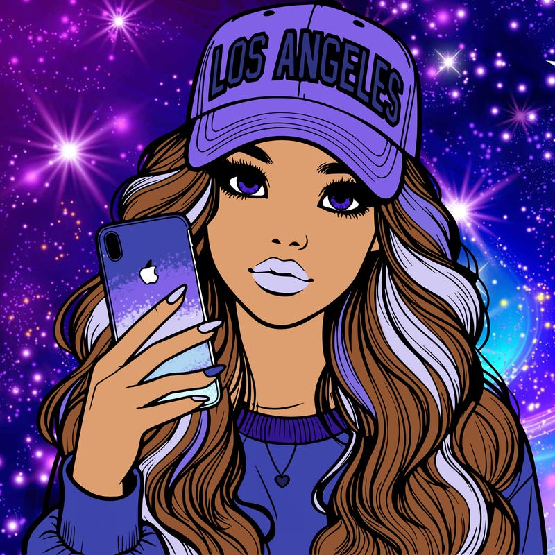 realistic beautiful girl wearing los ángeles cap holding an iphone