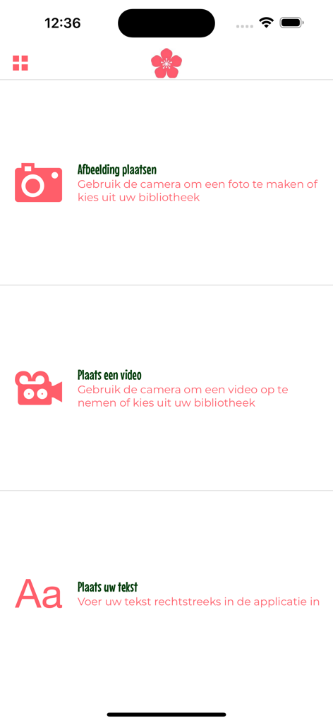 Bloesemalert - Bloesemalert app interface for uploading blossom photos, videos, and status updates.