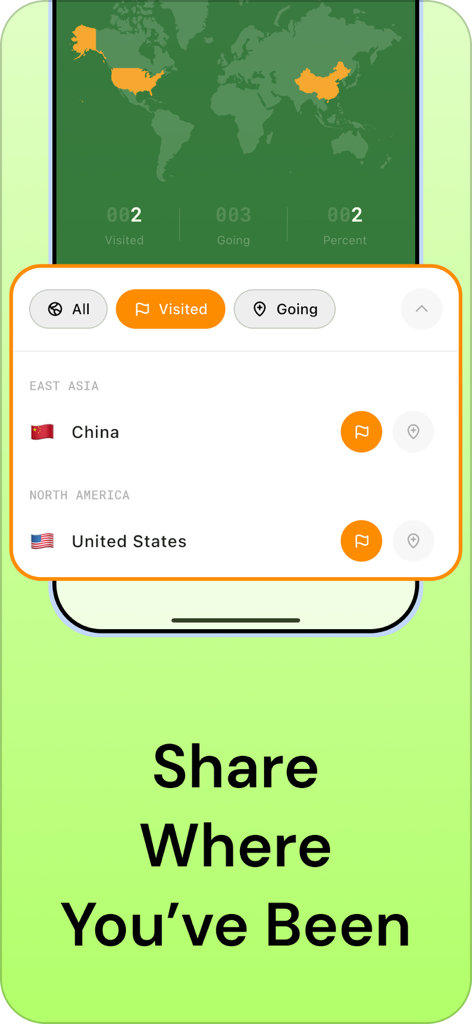 Travel Tracker - Travely - 트래블 트래커 앱으로 방문한 국가가 강조 표시된 세계 지도와 여행 진행 상황 목록을 보여줍니다