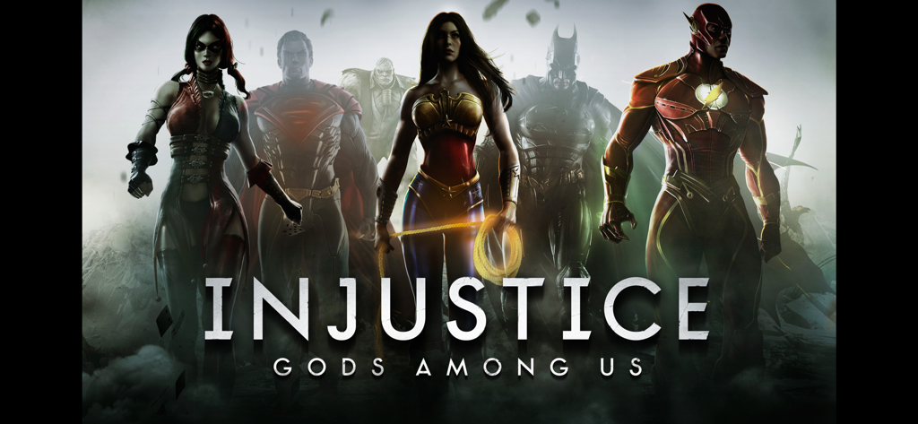 Obra de arte promocional para Injustice Gods Among Us con superhéroes y villanos de DC como Wonder Woman, Batman y Superman.