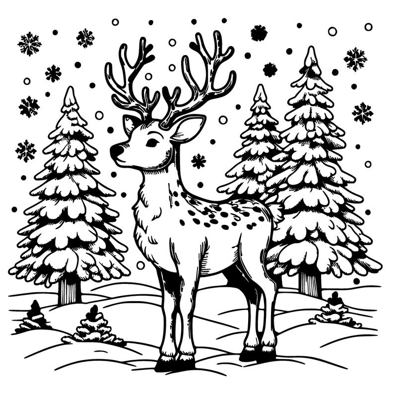 a realistic christmas rain deer with snowy trees