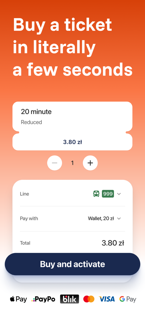 zBiletem - bilety komunikacji - Interface of zBiletem app showing a quick ticket purchase screen with various payment options