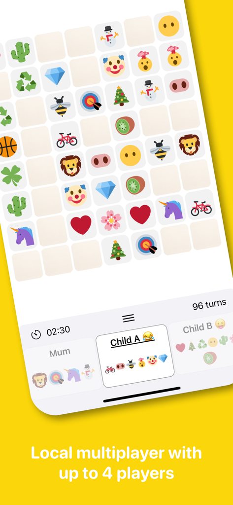 Uno screenshot dell'app Pairmoji che mostra una griglia del gioco di abbinamento di memoria con emoji e un'interfaccia multiplayer locale per più giocatori