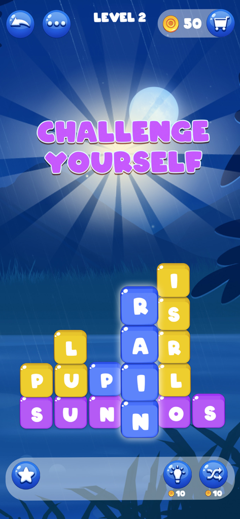 Word Pick : Word Puzzle Games - Interfaz de nivel del juego de puzle de Word Pick con bloques de letras y un tema de noche de luna.