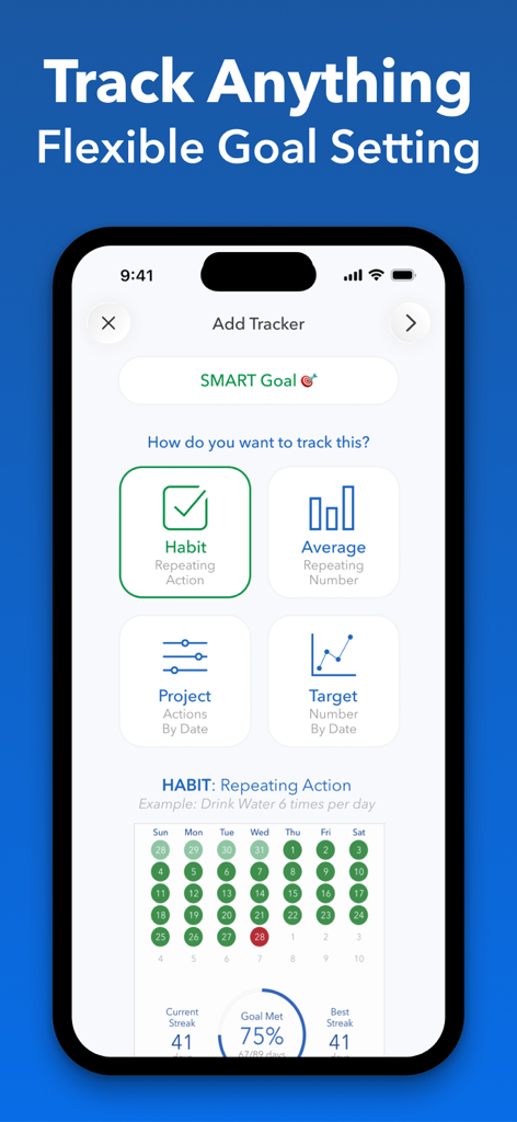 Strides mobile app interface showing various goal and habit tracker selection options