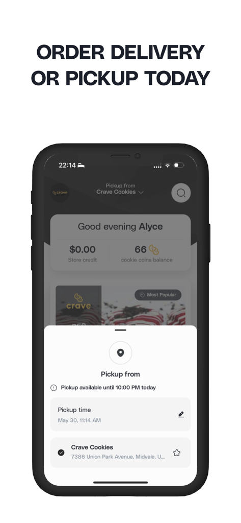 Crave Cookies - On Demand - Interfaz de la app móvil Crave Cookies que muestra la pantalla de selección de ubicación de recogida y entrega