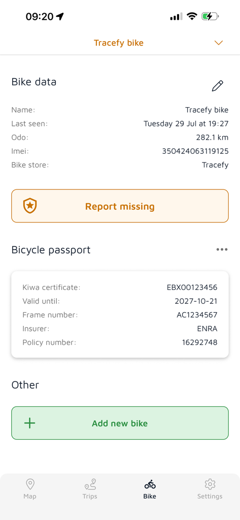 Tracefy Pro - Tracefy Pro app interface displaying bike data, digital bicycle passport with insurance details, and a report missing button.