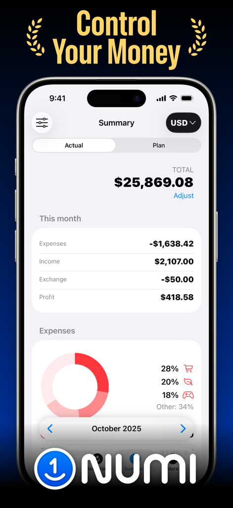 Numi personal finance app summary screen showing monthly total balance income and categorical expense chart