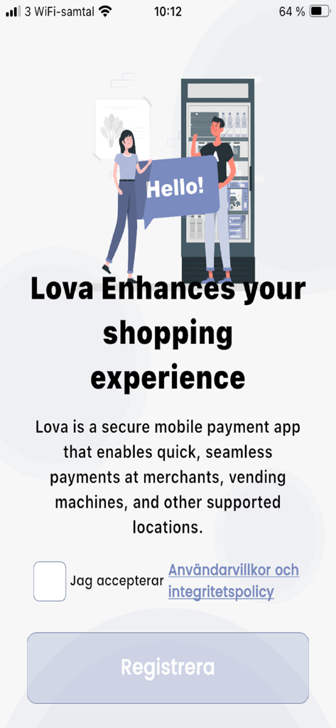 Tela de registro do aplicativo de pagamento móvel Lova com ilustração de máquina de venda automática