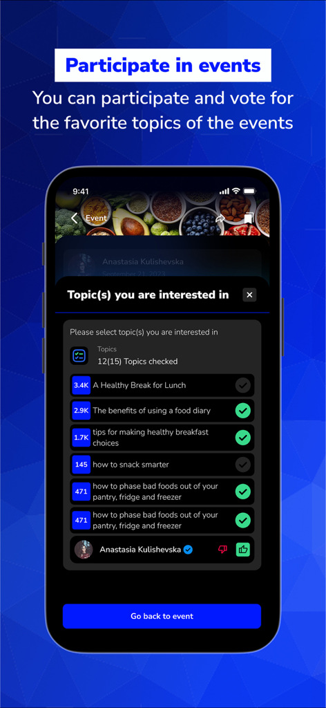 MyVoiceCounts - Una captura de pantalla móvil de la aplicación MyVoiceCounts que muestra una lista de temas para votar dentro de un evento cívico.