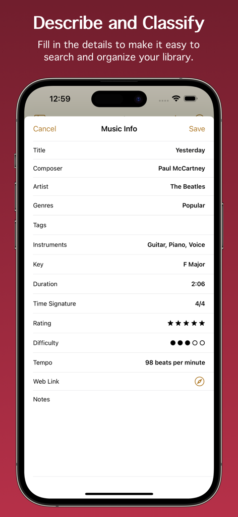Screenshot of the Music Info screen in Paperless Music app showing metadata fields like title, composer, key, and tempo for the song Yesterday.
