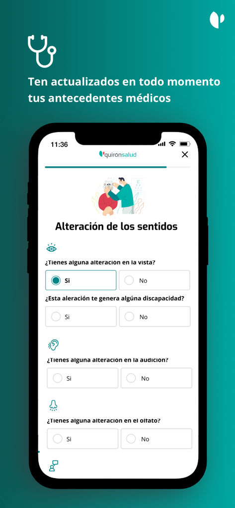 Quirónsalud - キロンサルー (Quirónsalud) のモバイルアプリ画面。視覚や聴覚などの感覚異常に関する病歴アンケートが表示されています。