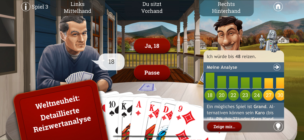 Skat - Juego de la aplicación móvil Skat mostrando oponentes de computadora y una superposición detallada de análisis de valor de licitación.