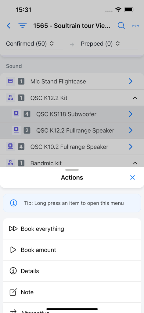 Rentman mobile app interface displaying a packing list for rental equipment with available booking actions