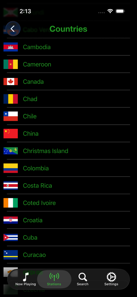 A list of countries and flags in the FrogRadio app for browsing international radio stations.