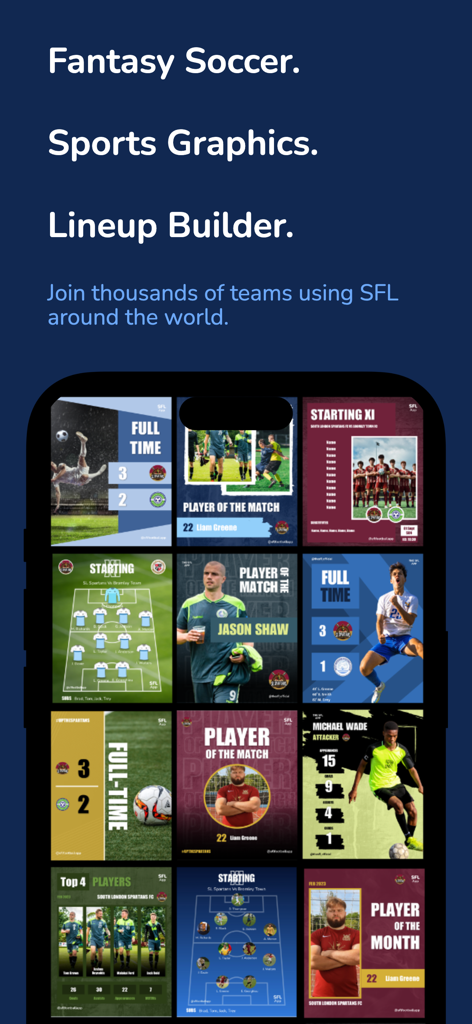 SFL Soccer - SFL Soccer App-Bildschirm, der Sportgrafikvorlagen und Aufstellungsplaner-Funktionen für Amateurteams zeigt