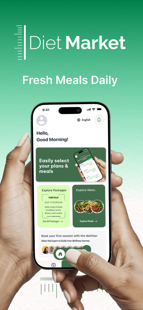 Diet Market | دايت ماركت - Diet Market app interface showing options for selecting meal plans and exploring fresh healthy menus