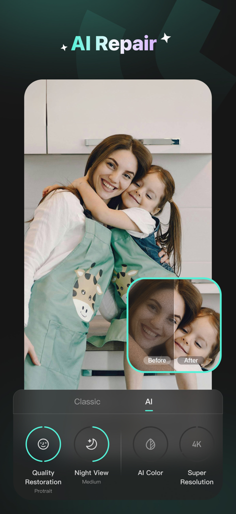 Winkit - AI Video Enhancer - Winkit app interface showing AI Repair tool for portrait quality restoration with a before and after comparison.