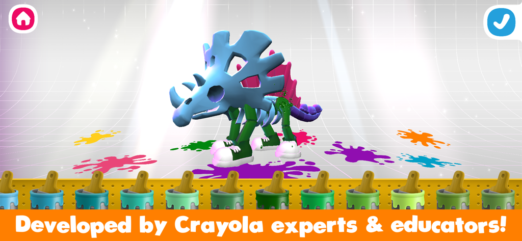A 3D triceratops skeleton being customized with colors and digital paint tools in the Crayola Create and Play app.