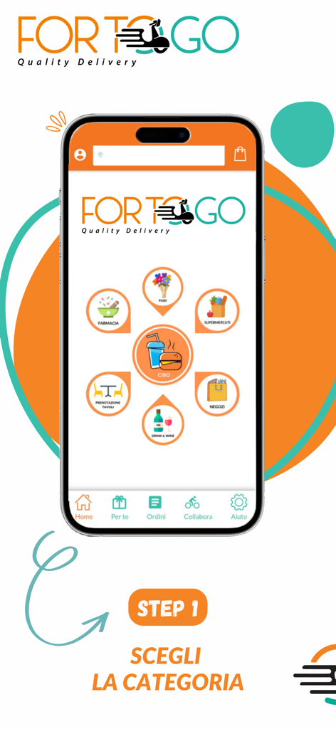 ForToGo app home screen showing delivery categories for food, pharmacy, and flowers