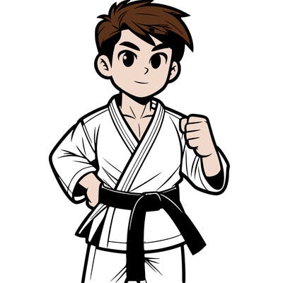 karate instructor wearing a karate gi%2c standing in a fighting stance with a black belt tied around their waist.