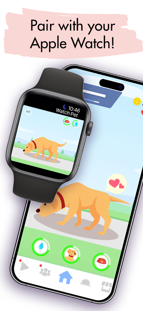 Watch Pet: Widget & Watch Pets - Interface do aplicativo Watch Pet mostrando um cachorro virtual sincronizado entre um iPhone e um Apple Watch.