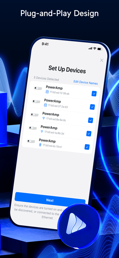 UniFi Play 앱 인터페이스, 구성할 준비가 된 여러 개의 PowerAmp 장치가 감지된 장치 설정 화면 표시