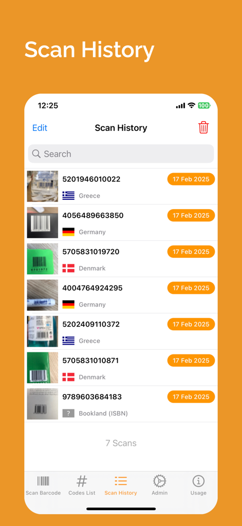 The scan history screen of the Product Origin app showing a list of scanned barcodes with their registration countries and dates.