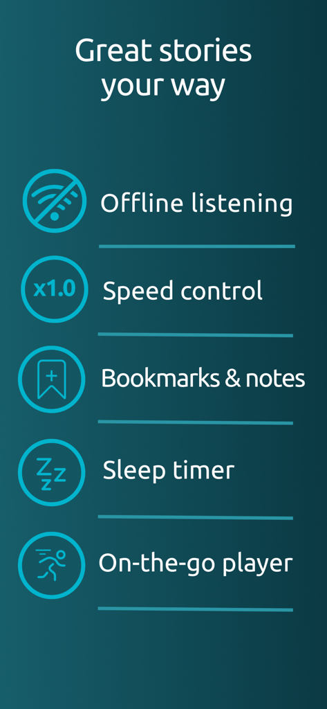 List of book and zvook audiobook features including offline listening speed control and sleep timer