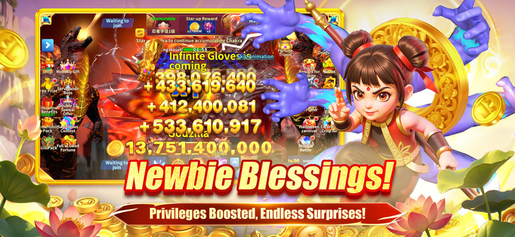 Fishing Party-Happy Casino - Tela promocional para Fishing Party Happy Casino mostrando recompensas para novatos com bilhões de moedas e personagens 3D cinematográficos