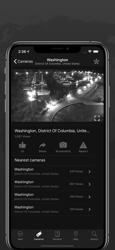 Web Cam Online IP - A live night view of a marina in Washington DC from the Web Cam Online IP app showing nearby surveillance cameras.