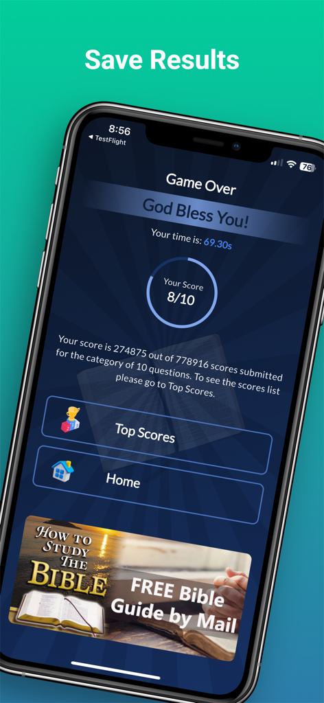 Bible Trivia Quiz - No Ads - Bible Trivia Quiz results screen showing a score of 8 out of 10 and a God Bless You message.