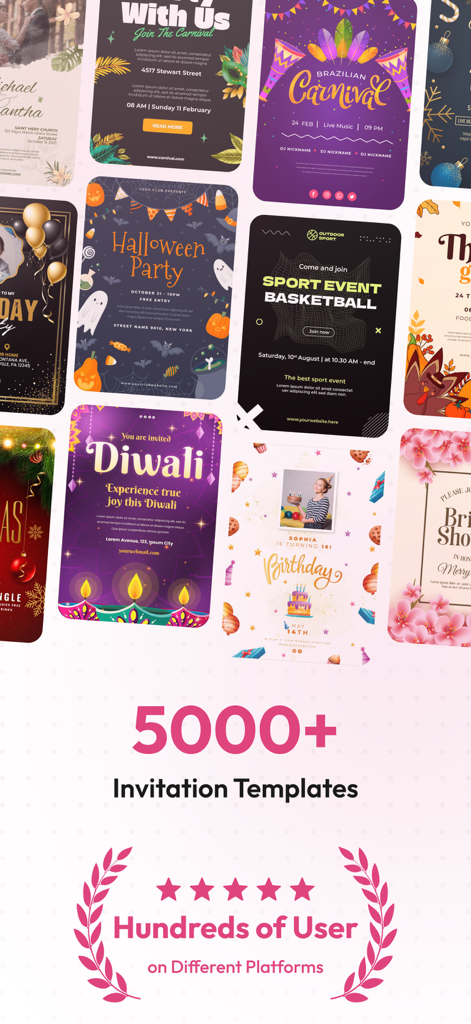 Invitation Maker- Invites RSVP - A showcase of various digital invitation templates for birthdays holidays and social events featuring a five star rating and over five thousand options