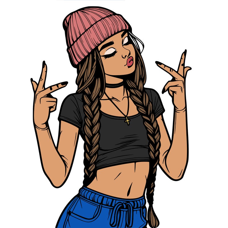 realistic teenage girl with braids and a beanie and crop top doing 🫶🏼