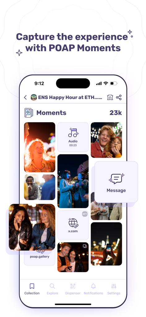 Una pantalla que muestra la función POAP Moments con una cuadrícula de fotos y medios de eventos.