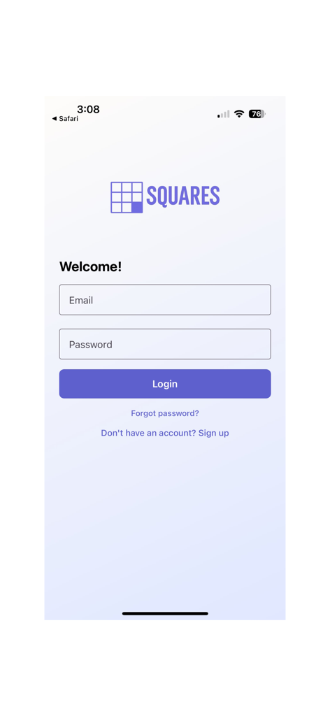 Login page of the My Squares football game app featuring email and password input fields