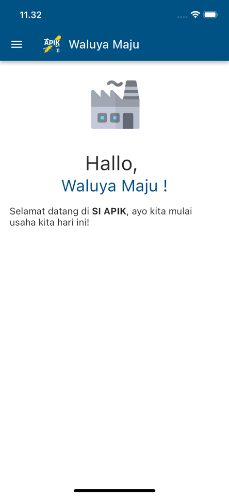 Welcome screen of the SIAPIK BI accounting app for small businesses showing a personalized greeting and factory icon.