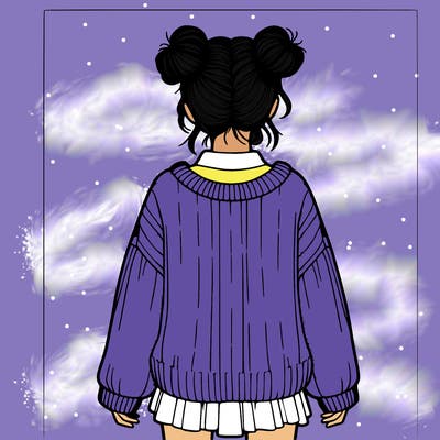 girl in a over sized sweater with cute space buns and shirt back hair