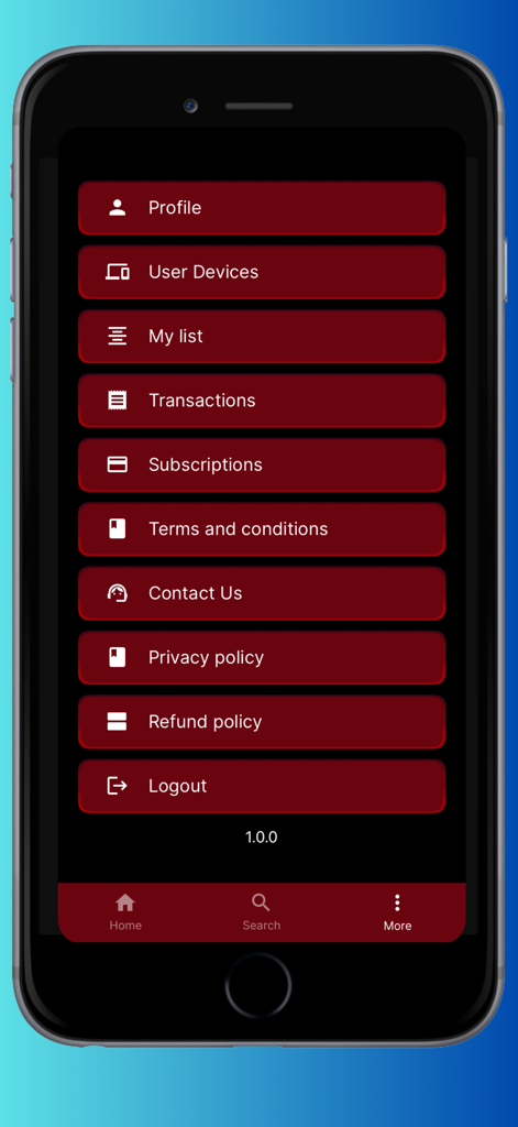 NMX SERIES - The menu screen of the NMX SERIES app displaying account settings and legal information