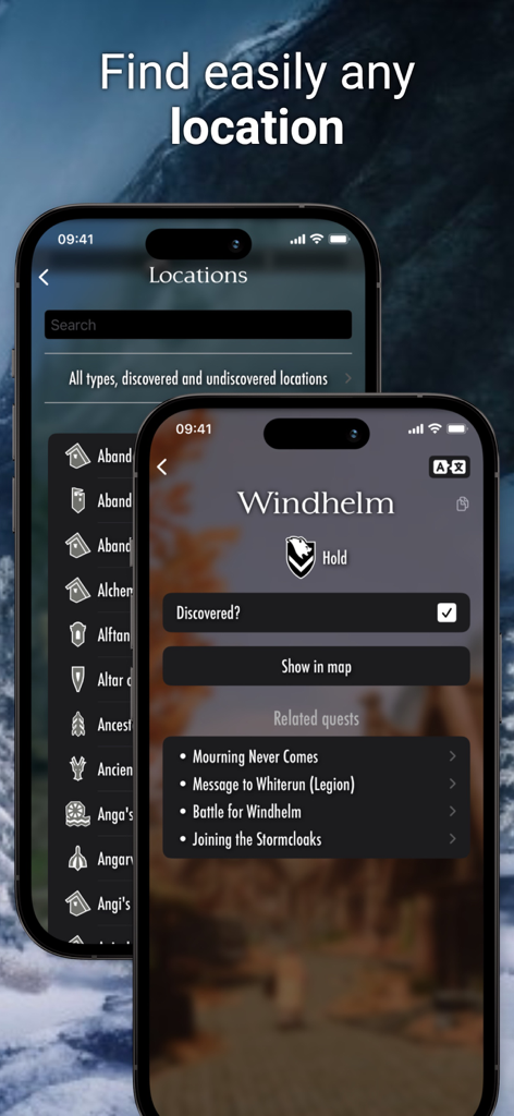 The Elder Scrolls Map - Skyrim location search and Windhelm quest details in The Elder Scrolls Map app.