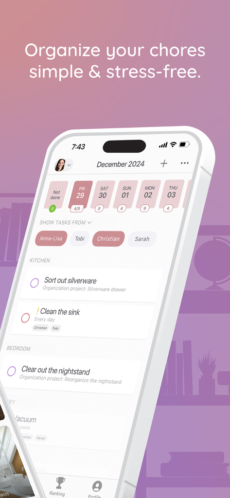 Cleaning Schedule: BeTidy - A mobile app screen for BeTidy showing a daily household chore schedule and shared family task management