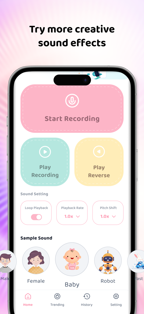 Main user interface of the Reverse Audio Funny Voice app displaying recording buttons and creative sound effect options like Baby and Robot