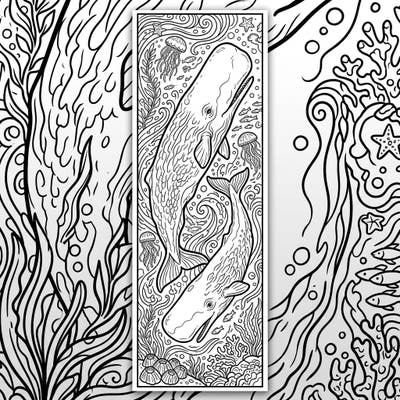 Embark on an underwater adventure with this stunning sperm whale bookmark coloring page. Featuring two majestic whales, intricate marine life, and flowing ocean patterns, it promises a truly immersive coloring experience.