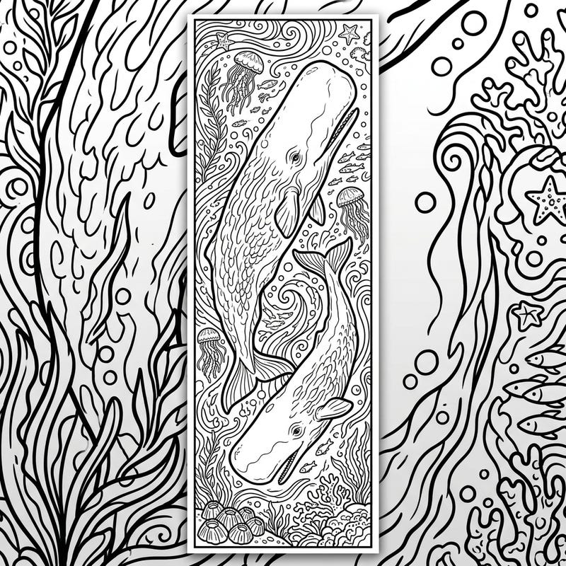Embark on an underwater adventure with this stunning sperm whale bookmark coloring page. Featuring two majestic whales, intricate marine life, and flowing ocean patterns, it promises a truly immersive coloring experience.
