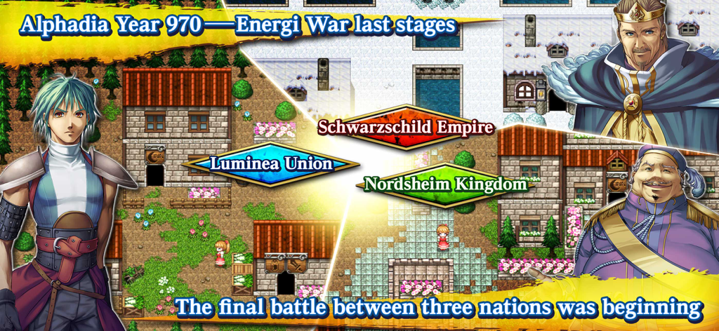 Screenshot of RPG Alphadia III showing the three nations and main characters of the Energi War