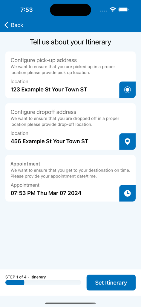VetRide Passenger - VetRide Passenger app itinerary setup screen showing pickup and dropoff locations and appointment time