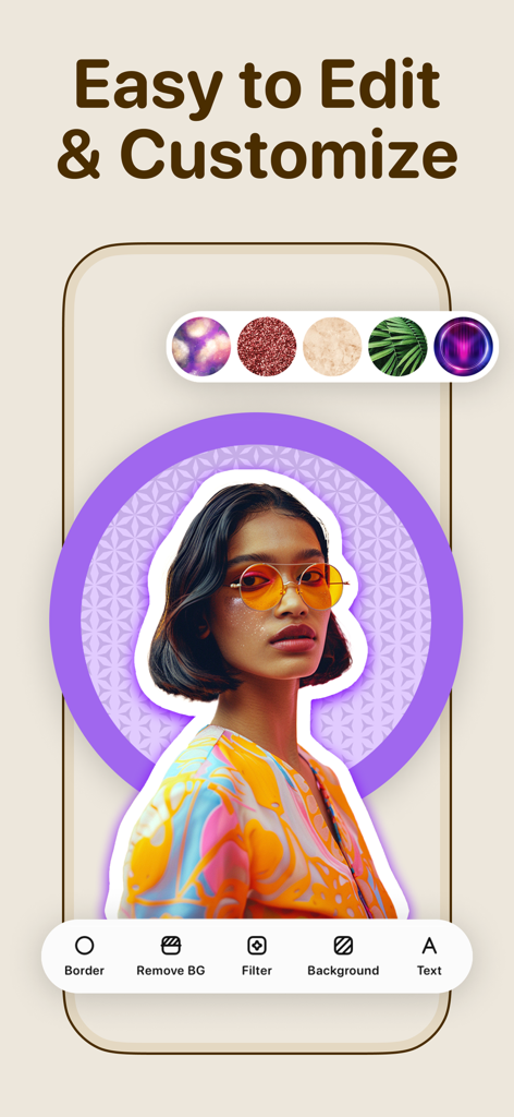 Profile picture maker - ProPic - A smartphone screen displaying the ProPic app interface with options to edit profile pictures, featuring background removal and circular border customization.
