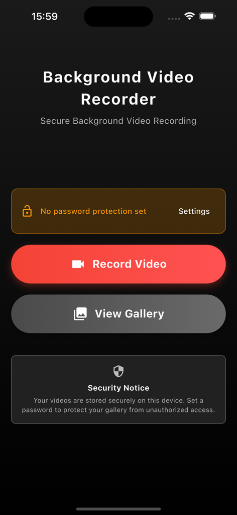 Main interface of Background Video Recorder app showing Record Video and View Gallery buttons with security notice