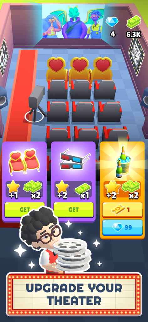 My Cinema World - Uma tela de jogo de Meu Mundo do Cinema mostrando opções de atualização de teatro para assentos em forma de coração e óculos 3D.