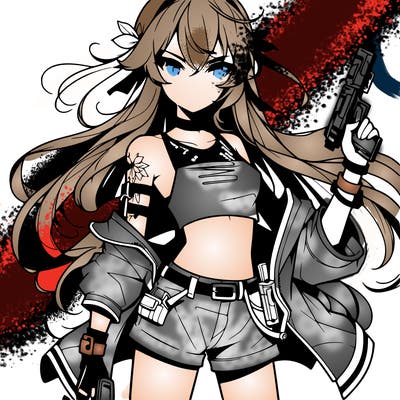 bad girl wearing crop top holding a gun long hair anime